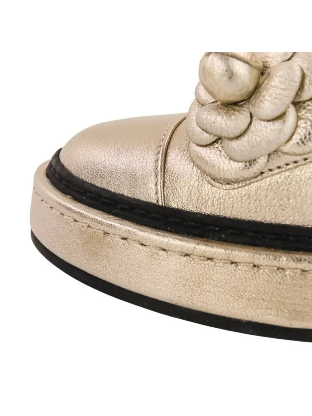 Chanel Camellia Faux Pearl CC Logo High Top Sneakers Gold Colored
